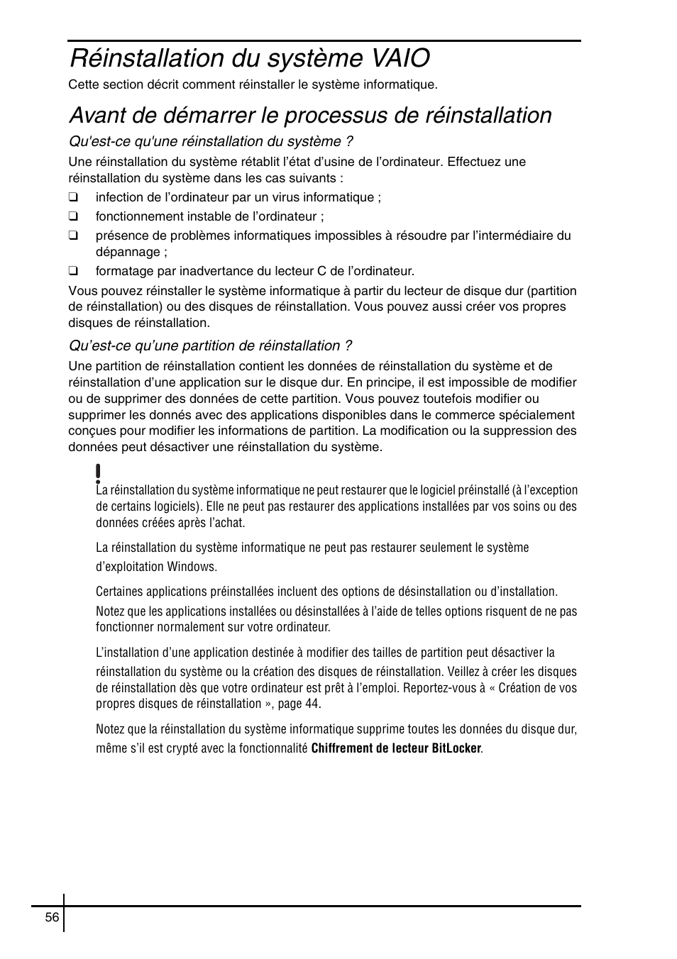 Réinstallation du système vaio, Avant de démarrer le processus de réinstallation | Sony VGN-SZ5VWN User Manual | Page 58 / 88