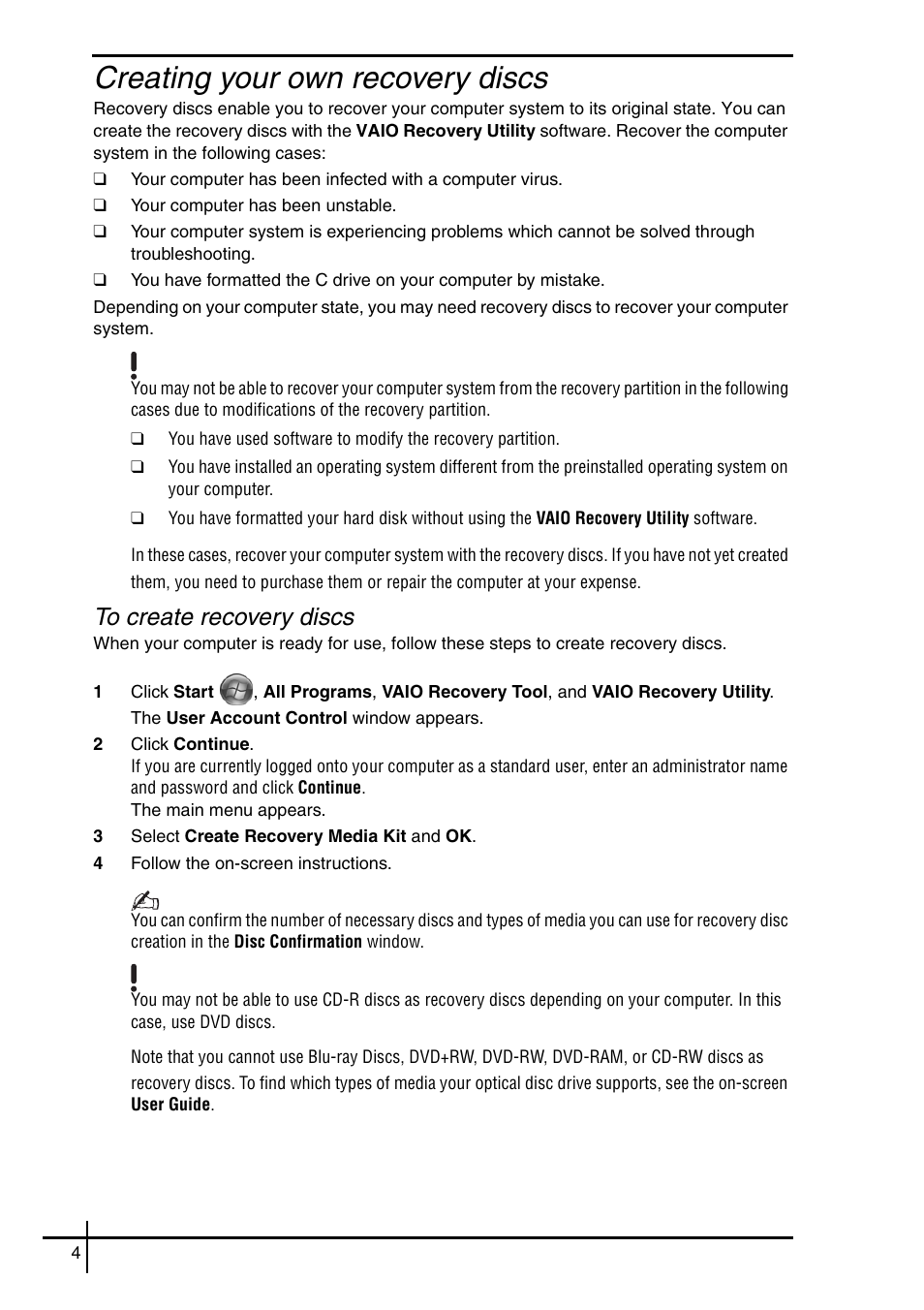 Creating your own recovery discs | Sony VGN-SZ5VWN User Manual | Page 6 / 88