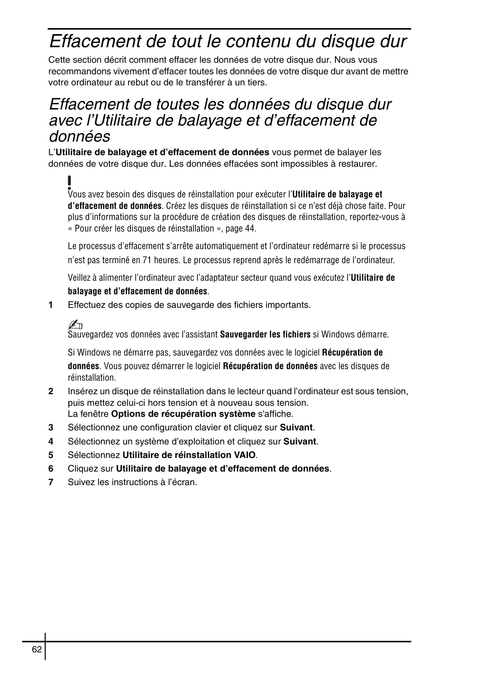 Effacement de tout le contenu du disque dur | Sony VGN-SZ5VWN User Manual | Page 64 / 88