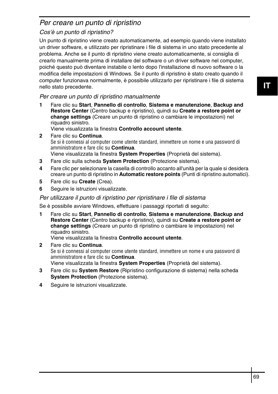 Per creare un punto di ripristino | Sony VGN-SZ5VWN User Manual | Page 71 / 88