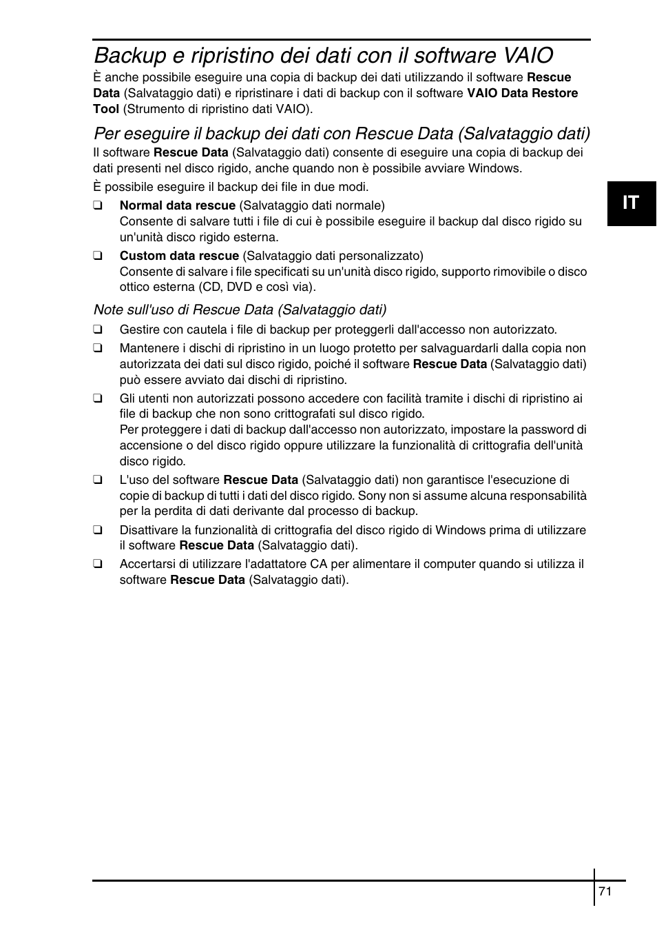 Backup e ripristino dei dati con il software vaio | Sony VGN-SZ5VWN User Manual | Page 73 / 88