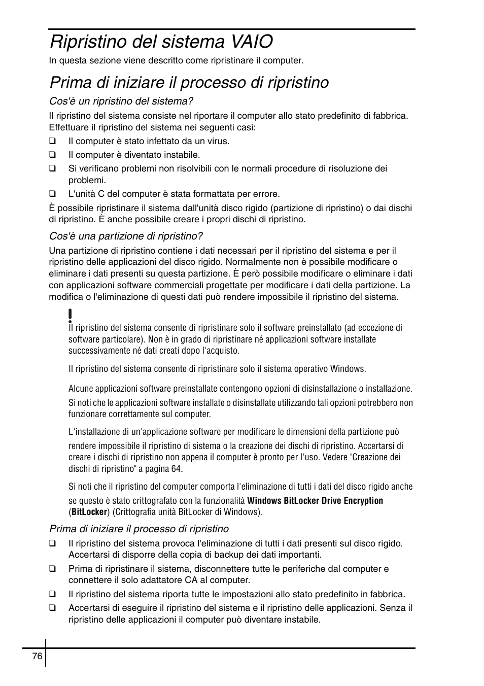 Ripristino del sistema vaio, Prima di iniziare il processo di ripristino | Sony VGN-SZ5VWN User Manual | Page 78 / 88