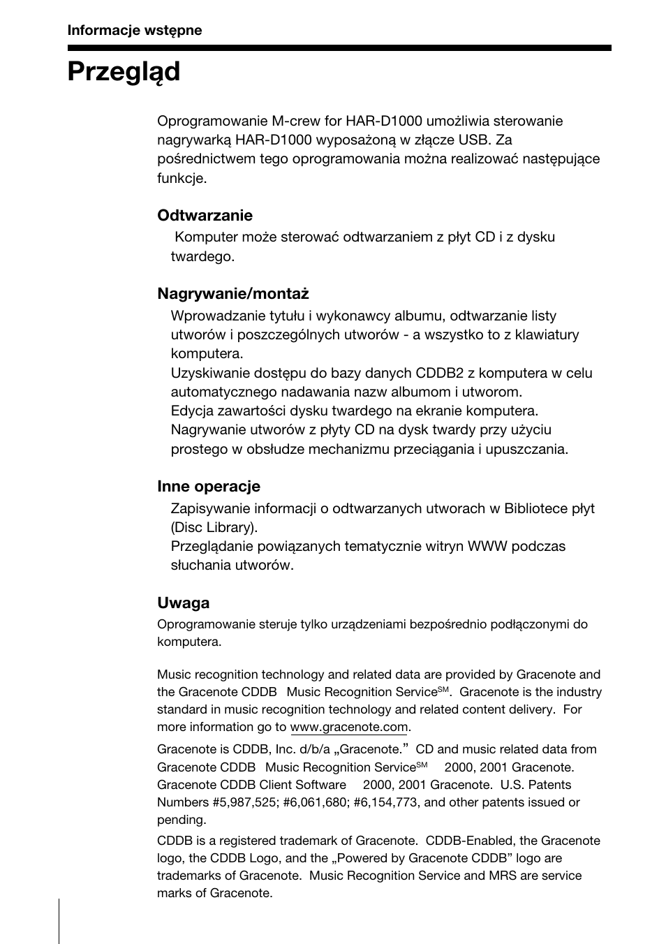 Informacje wst.pne, Przegl.d, Przegląd | Sony HAR-D1000 User Manual | Page 36 / 52