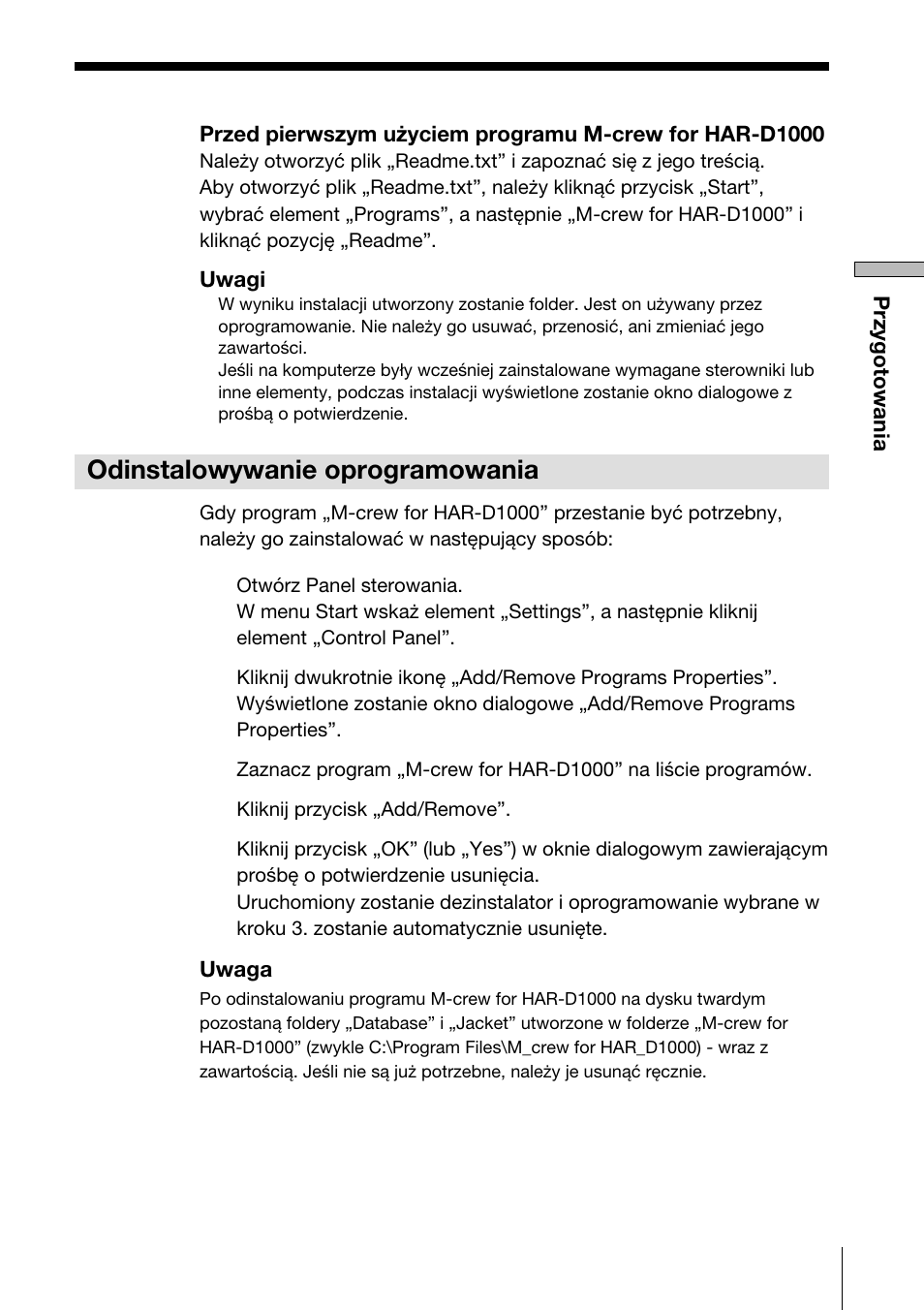 Odinstalowywanie oprogramowania | Sony HAR-D1000 User Manual | Page 41 / 52