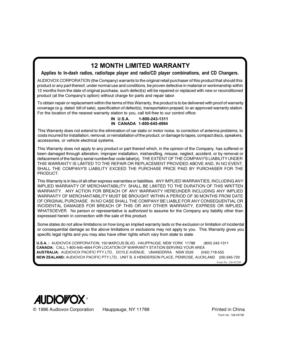 12 month limited warranty | Audiovox ACD-30 User Manual | Page 20 / 20