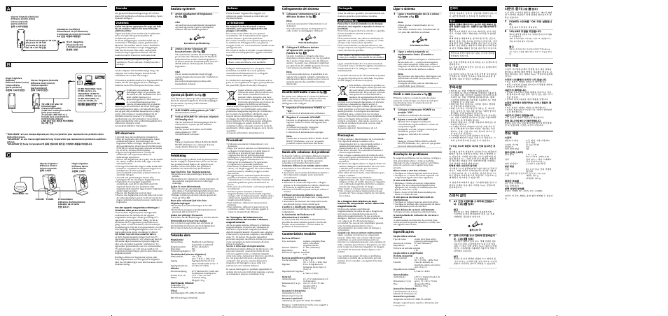 Cb a, Ansluta systemet, Lyssna på ljudet | Felsökning, Tekniska data, Ligar o sistema, Ouvir o som, Resolução de problemas, Especificações, Att observera | Sony SRS-A201 User Manual | Page 2 / 2