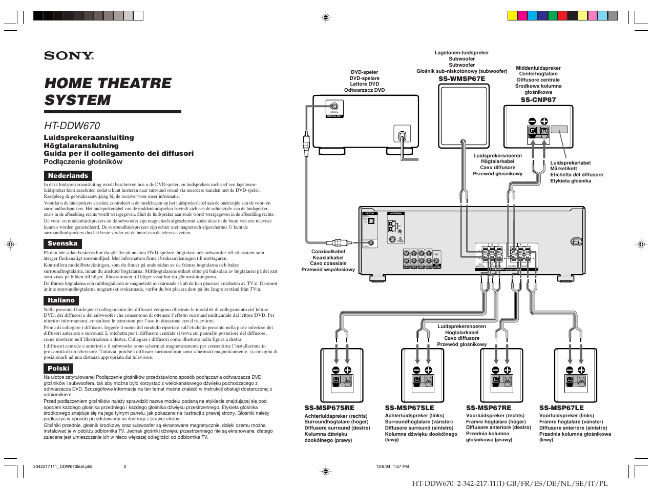 Home theatre system, Ht-ddw670, Nederlands | Svenska, Italiano, Ss-wmsp67e, Ss-cnp87, Ss-msp67sre, Ss-msp67re, Ss-msp67le | Sony HT-DDW670 User Manual | Page 2 / 2