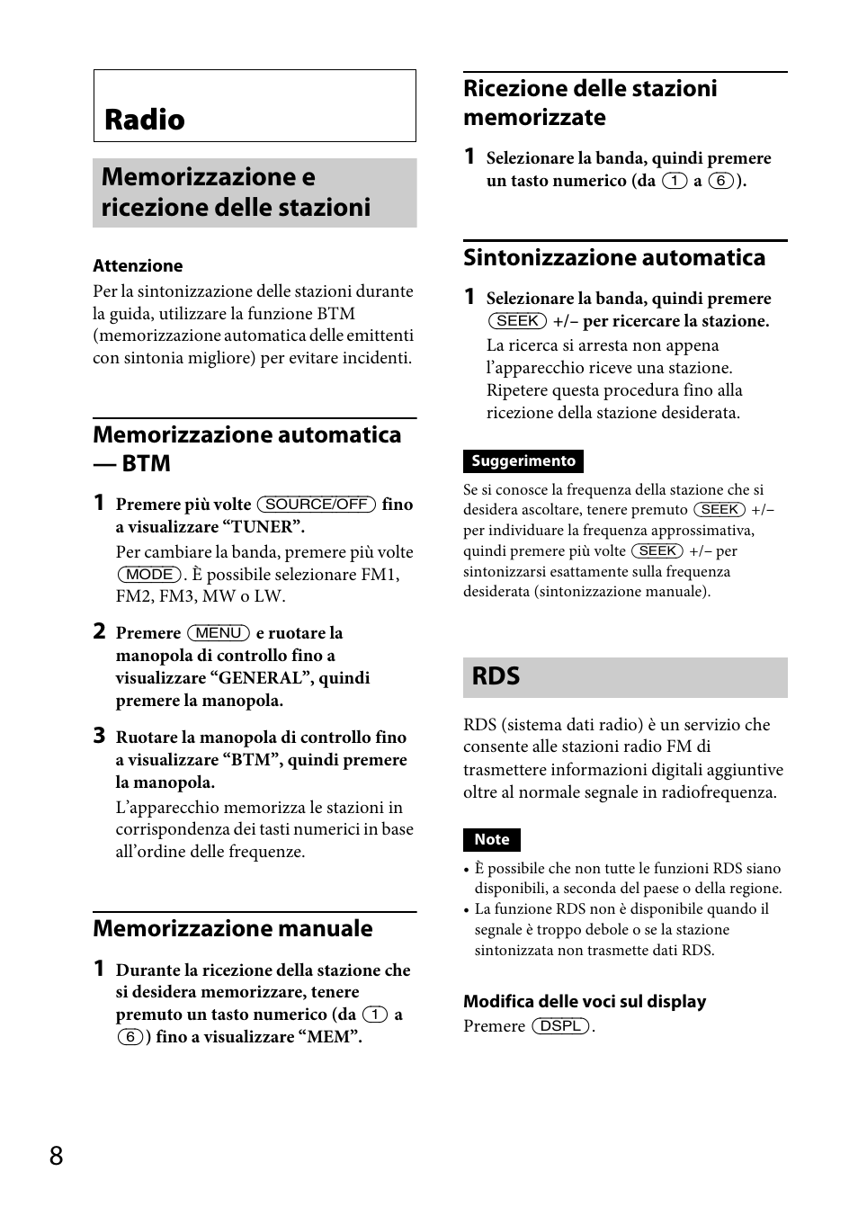 Radio, Memorizzazione e ricezione delle stazioni, Memorizzazione e ricezione delle stazioni rds | Sintonizzazione automatica 1 | Sony CDX-GS500R User Manual | Page 102 / 160