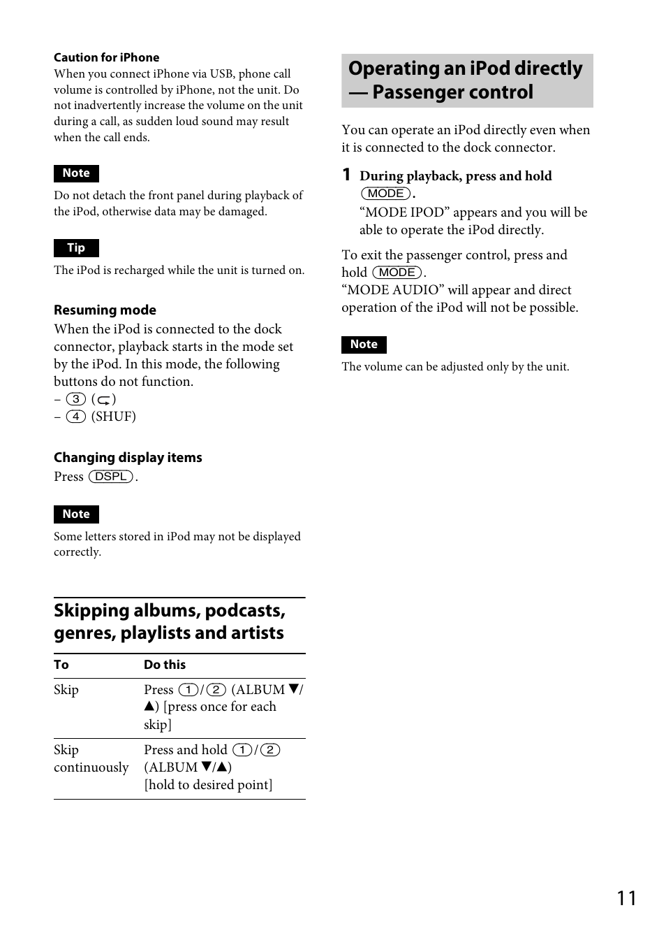 Operating an ipod directly — passenger control | Sony CDX-GS500R User Manual | Page 11 / 160