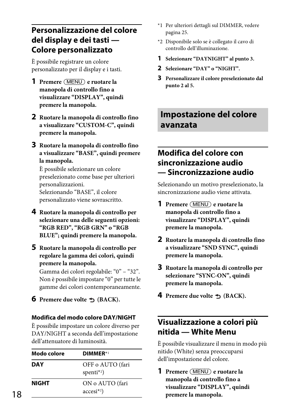 Impostazione del colore avanzata, Visualizzazione a colori più nitida — white menu | Sony CDX-GS500R User Manual | Page 112 / 160