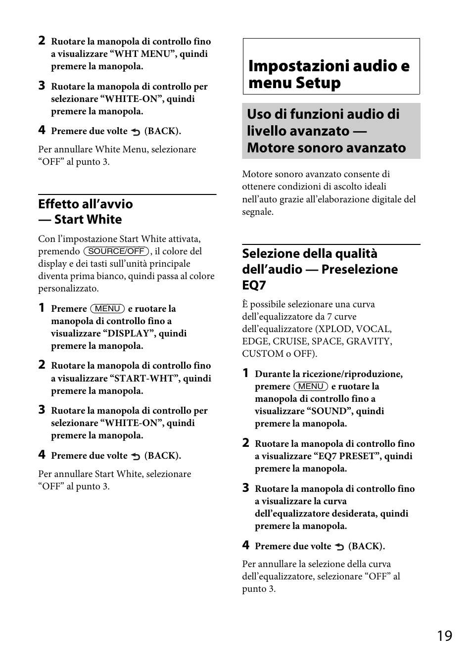 Impostazioni audio e menu setup, Effetto all’avvio — start white | Sony CDX-GS500R User Manual | Page 113 / 160