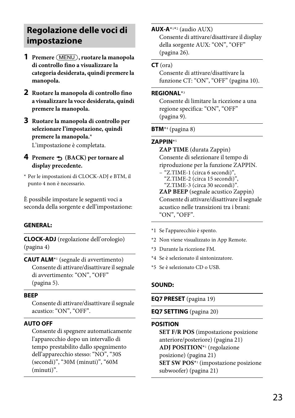 Regolazione delle voci di impostazione | Sony CDX-GS500R User Manual | Page 117 / 160