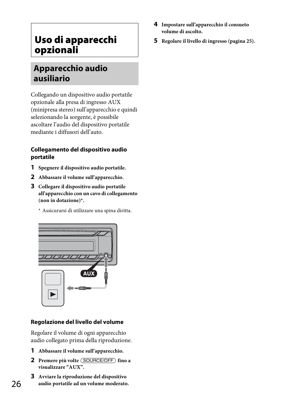 Uso di apparecchi opzionali, Apparecchio audio ausiliario | Sony CDX-GS500R User Manual | Page 120 / 160