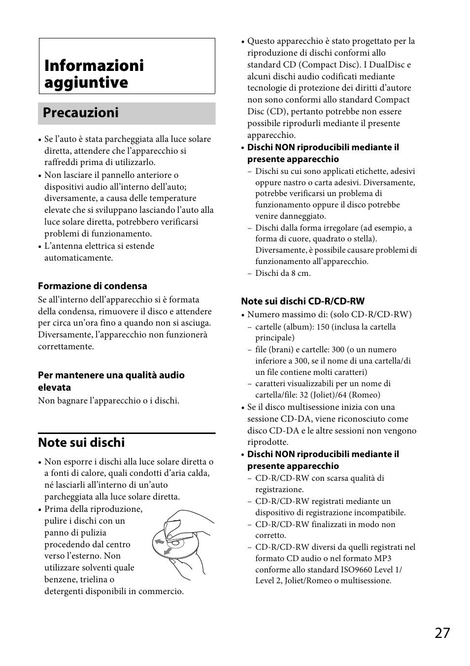 Informazioni aggiuntive, Precauzioni | Sony CDX-GS500R User Manual | Page 121 / 160