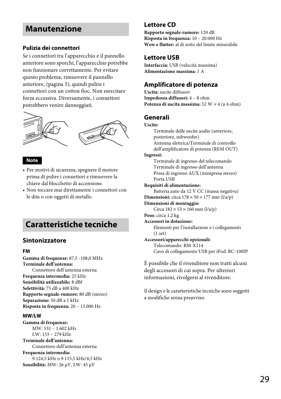 Manutenzione, Caratteristiche tecniche, Manutenzione caratteristiche tecniche | Sintonizzatore, Lettore cd, Lettore usb, Amplificatore di potenza, Generali | Sony CDX-GS500R User Manual | Page 123 / 160