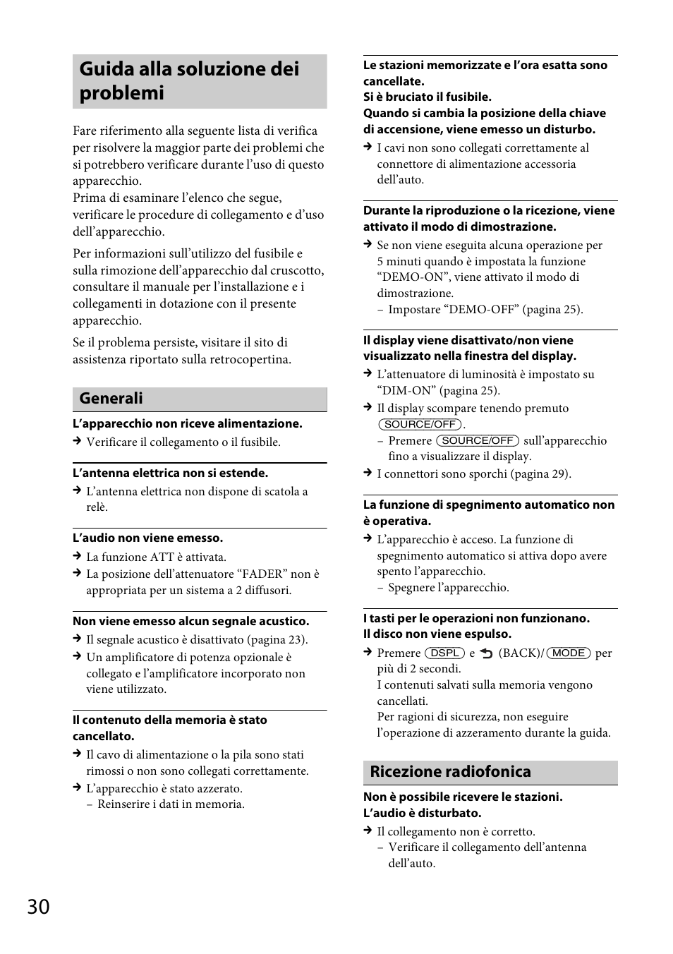 Guida alla soluzione dei problemi, Generali, Ricezione radiofonica | Sony CDX-GS500R User Manual | Page 124 / 160