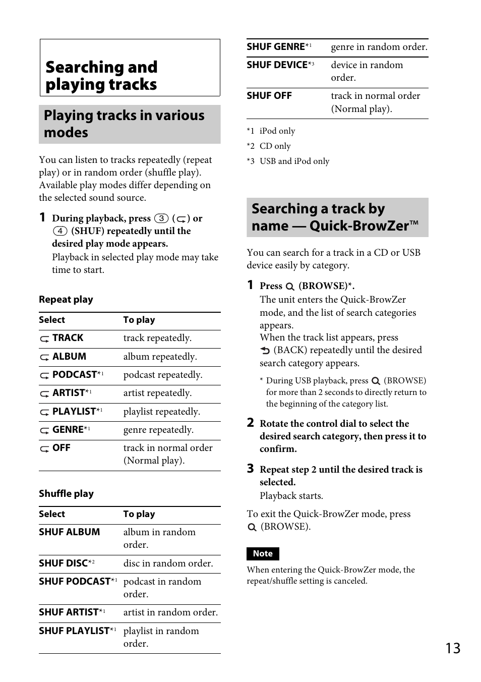 Searching and playing tracks, Playing tracks in various modes, Searching a track by name — quick-browzer | Sony CDX-GS500R User Manual | Page 13 / 160