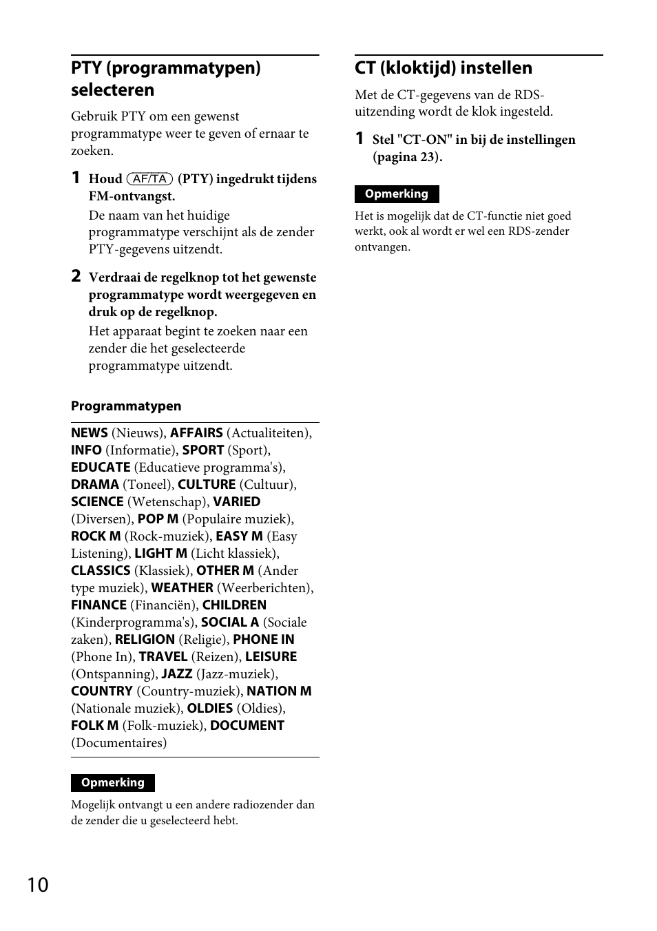 Pty (programmatypen) selecteren, Ct (kloktijd) instellen | Sony CDX-GS500R User Manual | Page 136 / 160