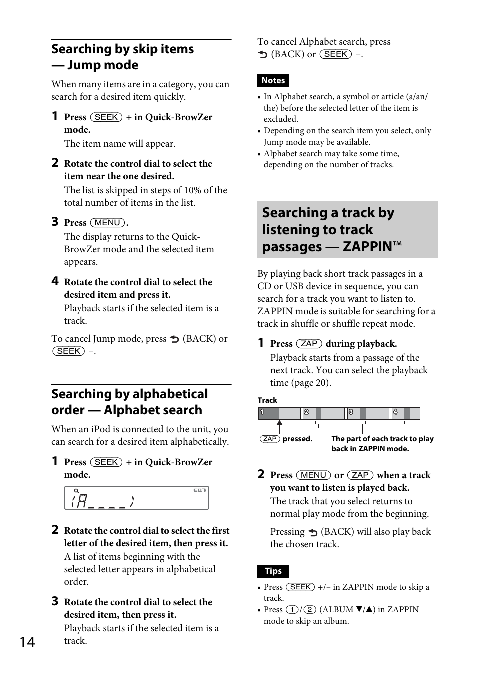 Searching by skip items — jump mode, Searching by alphabetical order — alphabet search | Sony CDX-GS500R User Manual | Page 14 / 160