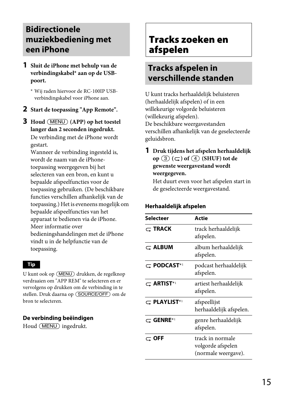 Bidirectionele muziekbediening met een iphone, Tracks zoeken en afspelen, Tracks afspelen in verschillende standen | Sony CDX-GS500R User Manual | Page 141 / 160