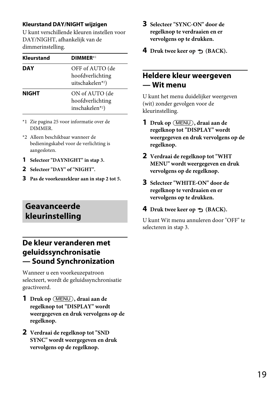 Geavanceerde kleurinstelling, Heldere kleur weergeven — wit menu | Sony CDX-GS500R User Manual | Page 145 / 160