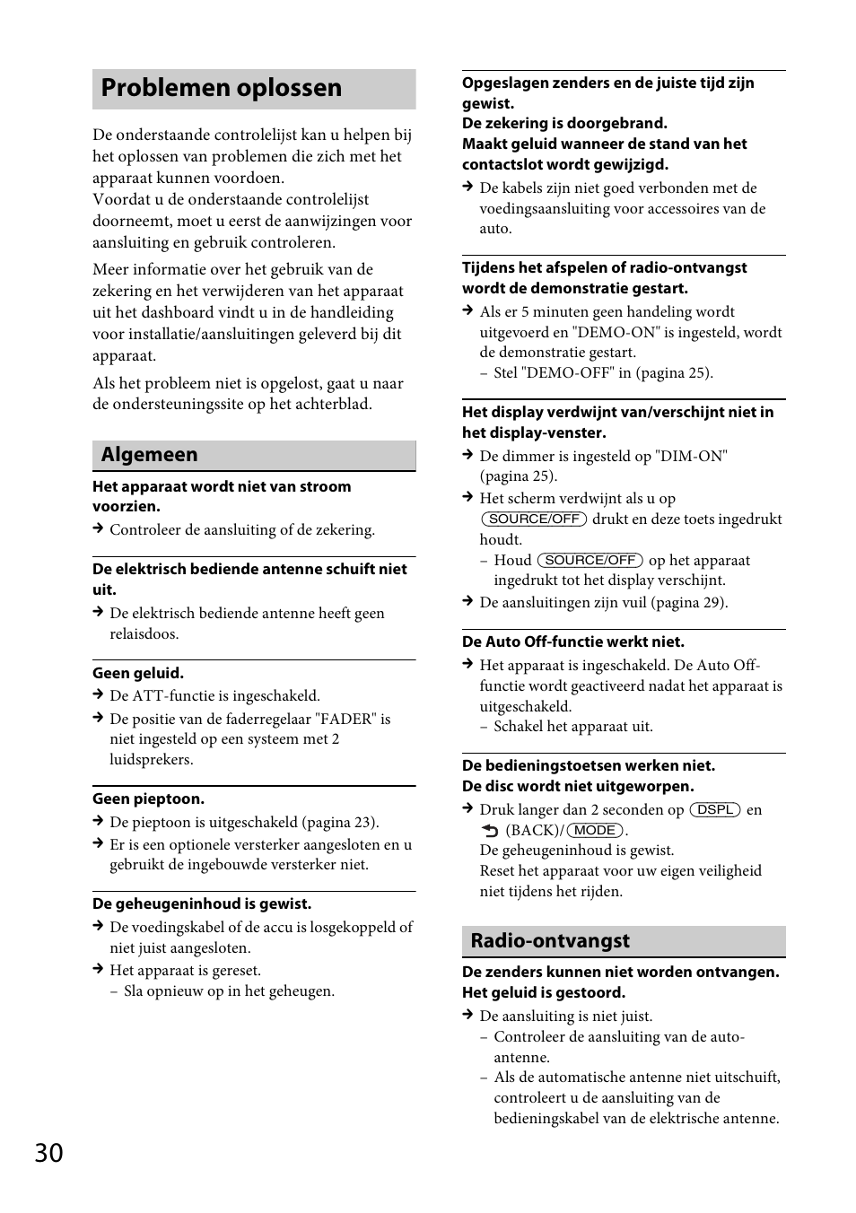 Problemen oplossen, Algemeen, Radio-ontvangst | Sony CDX-GS500R User Manual | Page 156 / 160