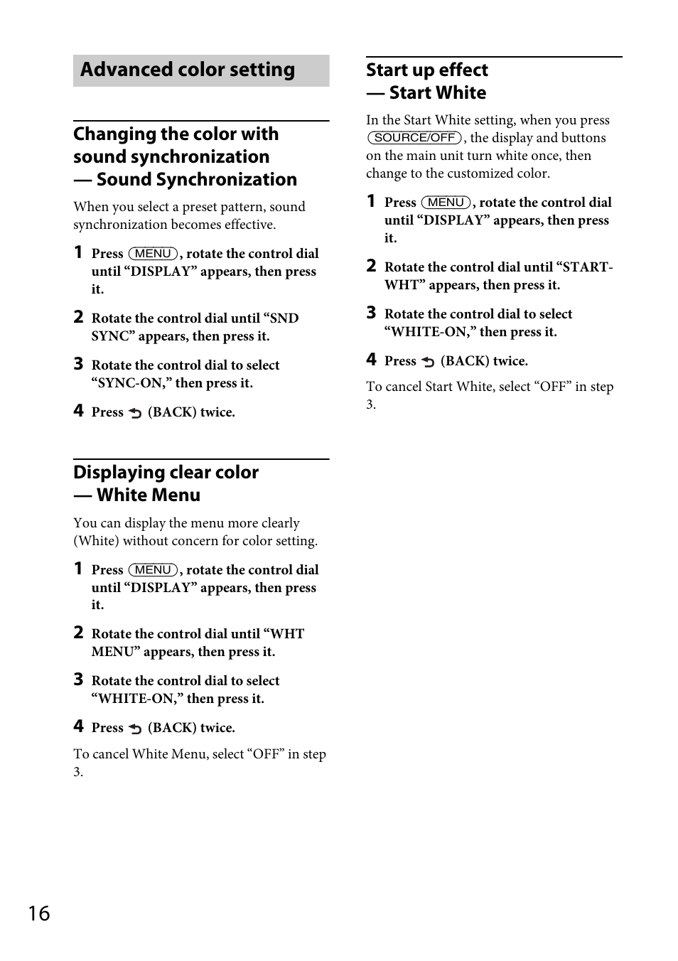 Advanced color setting, Displaying clear color — white menu, Start up effect — start white | Sony CDX-GS500R User Manual | Page 16 / 160