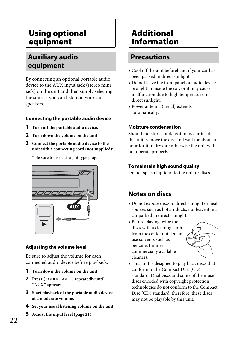 Using optional equipment, Auxiliary audio equipment, Additional information | Precautions | Sony CDX-GS500R User Manual | Page 22 / 160