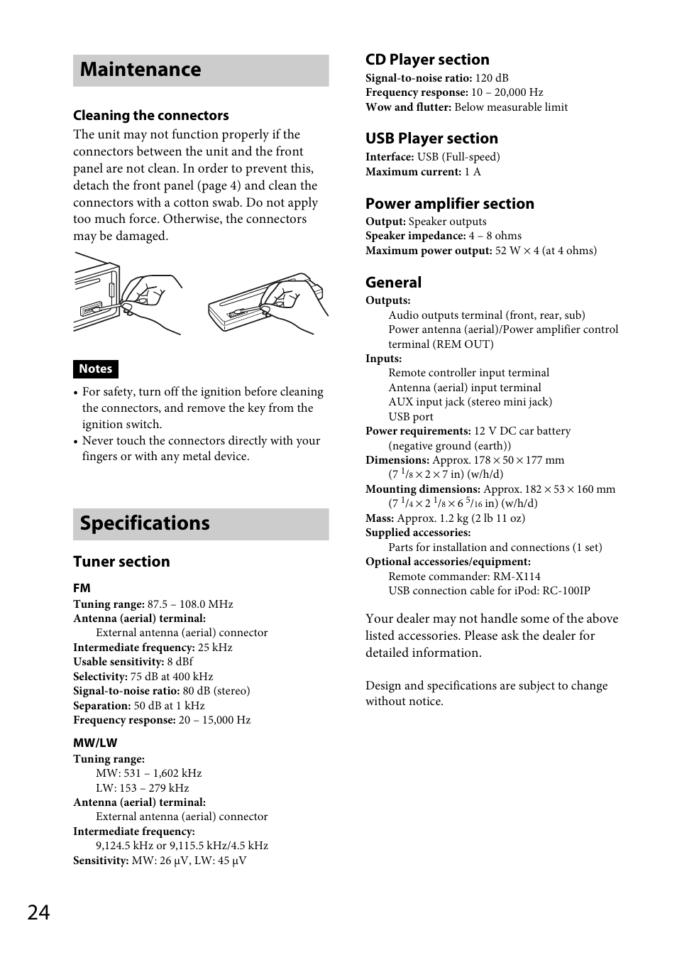 Maintenance, Specifications, Maintenance specifications | General | Sony CDX-GS500R User Manual | Page 24 / 160