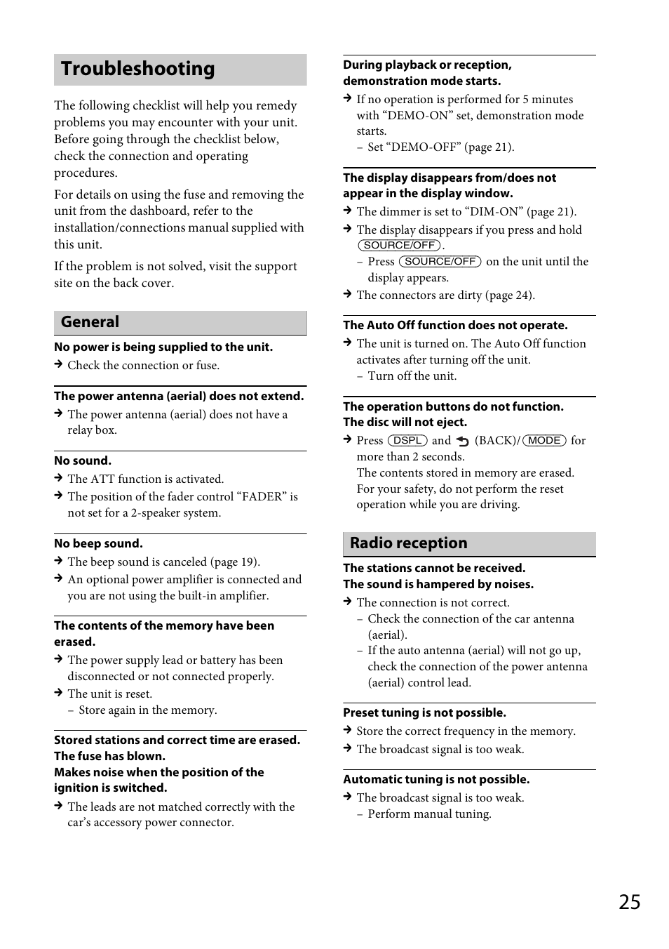 Troubleshooting, General, Radio reception | Sony CDX-GS500R User Manual | Page 25 / 160