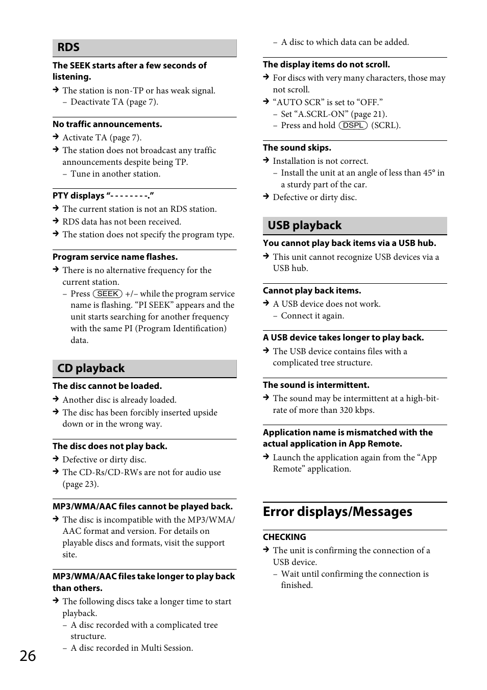Error displays/messages, Cd playback, Usb playback | Sony CDX-GS500R User Manual | Page 26 / 160