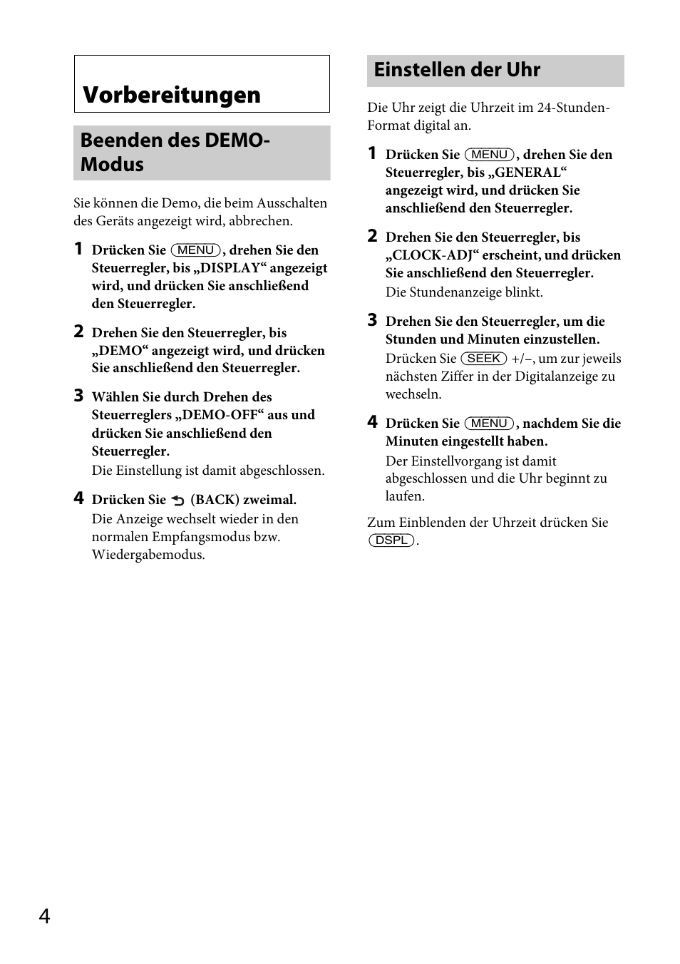 Vorbereitungen, Beenden des demo- modus, Einstellen der uhr | Seite 4 na, Beenden des demo-modus einstellen der uhr | Sony CDX-GS500R User Manual | Page 32 / 160