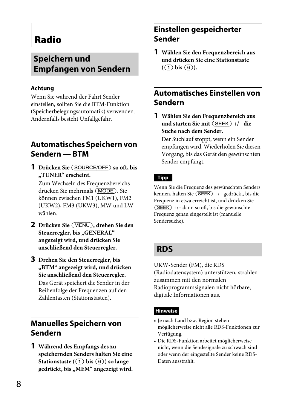 Radio, Speichern und empfangen von sendern, Speichern und empfangen von sendern rds | Seite 8, Automatisches speichern von sendern — btm 1, Manuelles speichern von sendern 1, Einstellen gespeicherter sender 1, Automatisches einstellen von sendern 1 | Sony CDX-GS500R User Manual | Page 36 / 160