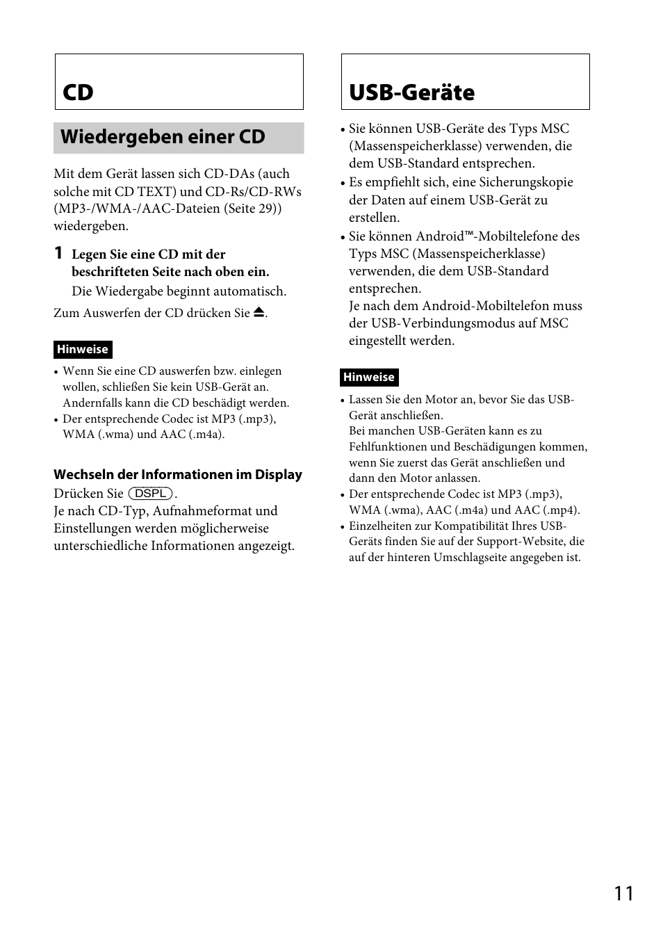Wiedergeben einer cd, Usb-geräte | Sony CDX-GS500R User Manual | Page 39 / 160