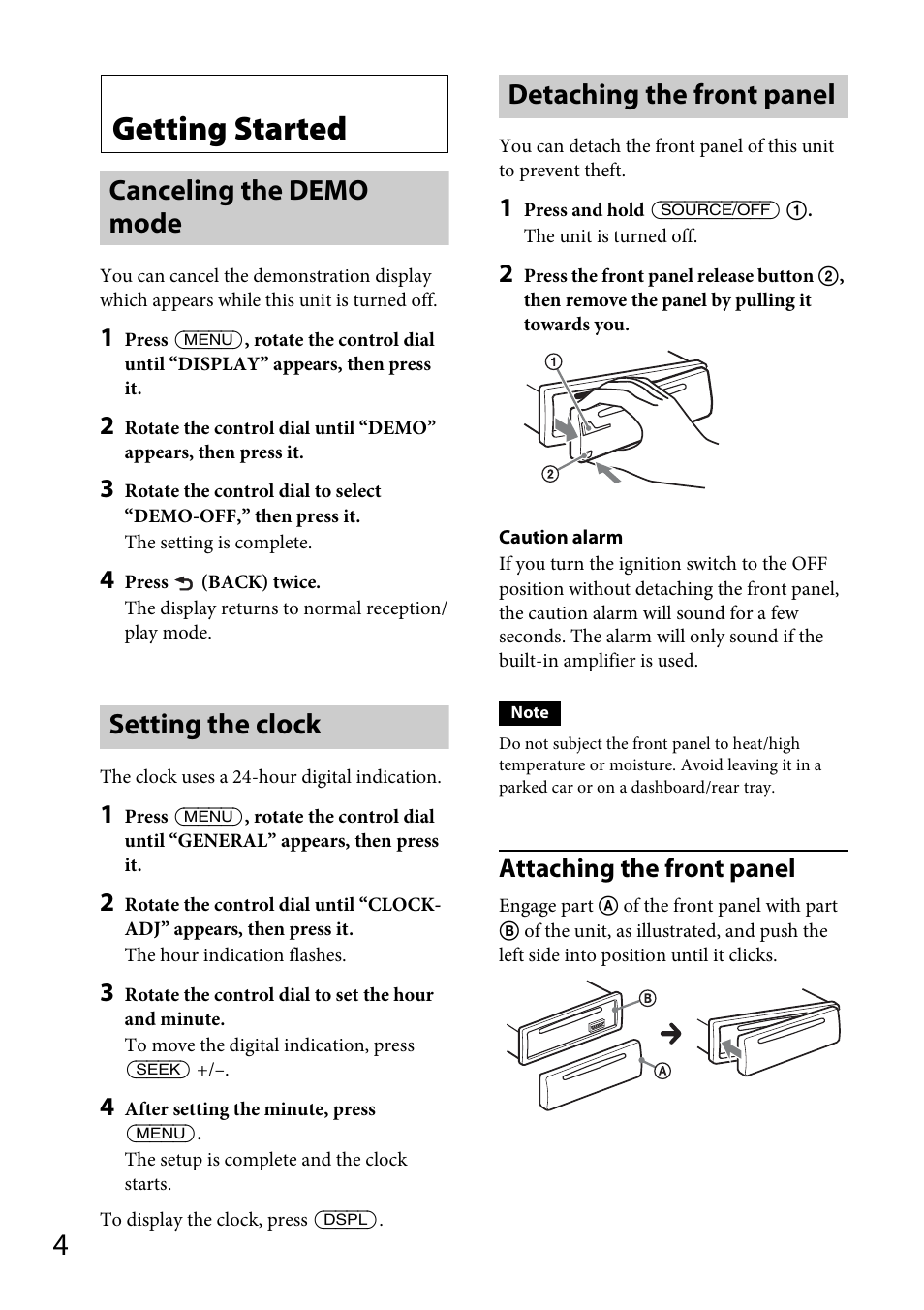Getting started, Canceling the demo mode, Setting the clock | Detaching the front panel, Attaching the front panel | Sony CDX-GS500R User Manual | Page 4 / 160