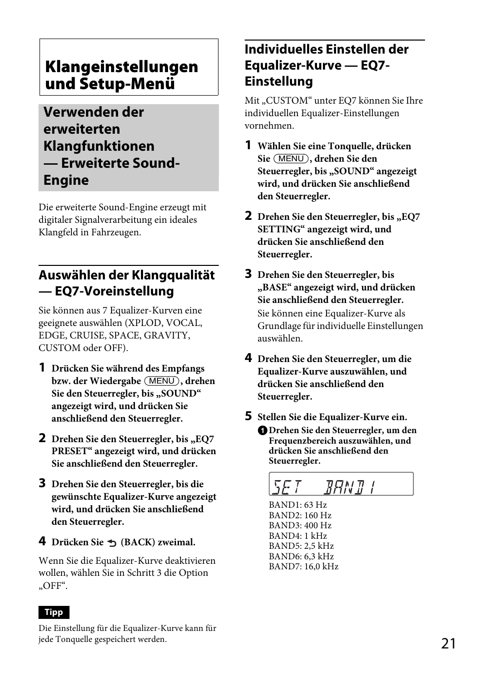 Klangeinstellungen und setup-menü, Auswählen der klangqualität — eq7-voreinstellung | Sony CDX-GS500R User Manual | Page 49 / 160