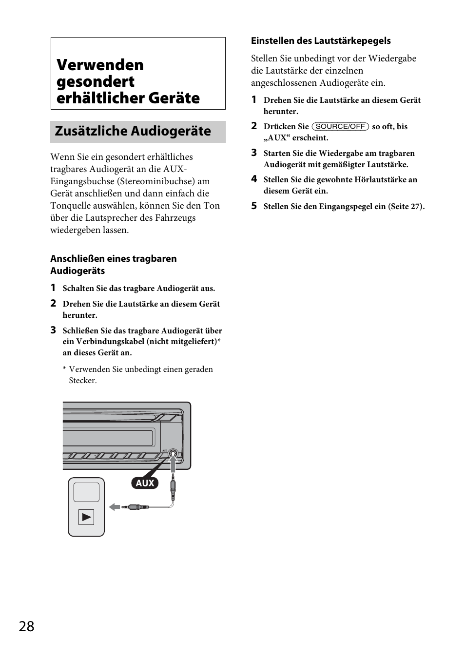 Verwenden gesondert erhältlicher geräte, Zusätzliche audiogeräte, Seite 28 | Seite 28) | Sony CDX-GS500R User Manual | Page 56 / 160