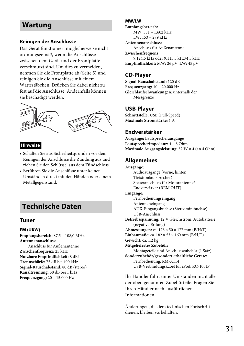 Wartung, Technische daten, Wartung technische daten | Tuner, Cd-player, Usb-player, Endverstärker, Allgemeines | Sony CDX-GS500R User Manual | Page 59 / 160