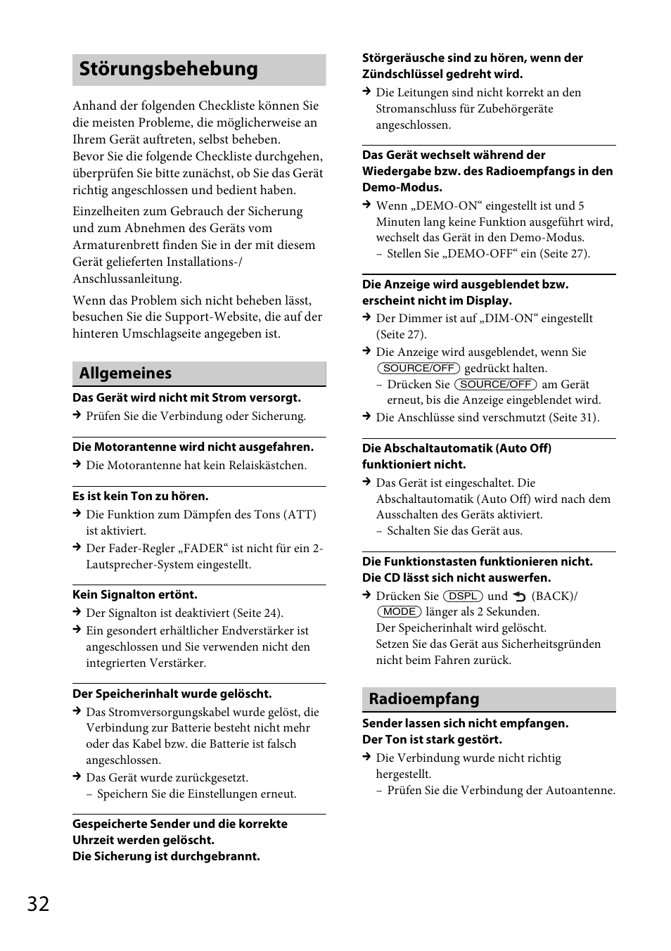 Störungsbehebung, Allgemeines, Radioempfang | Sony CDX-GS500R User Manual | Page 60 / 160