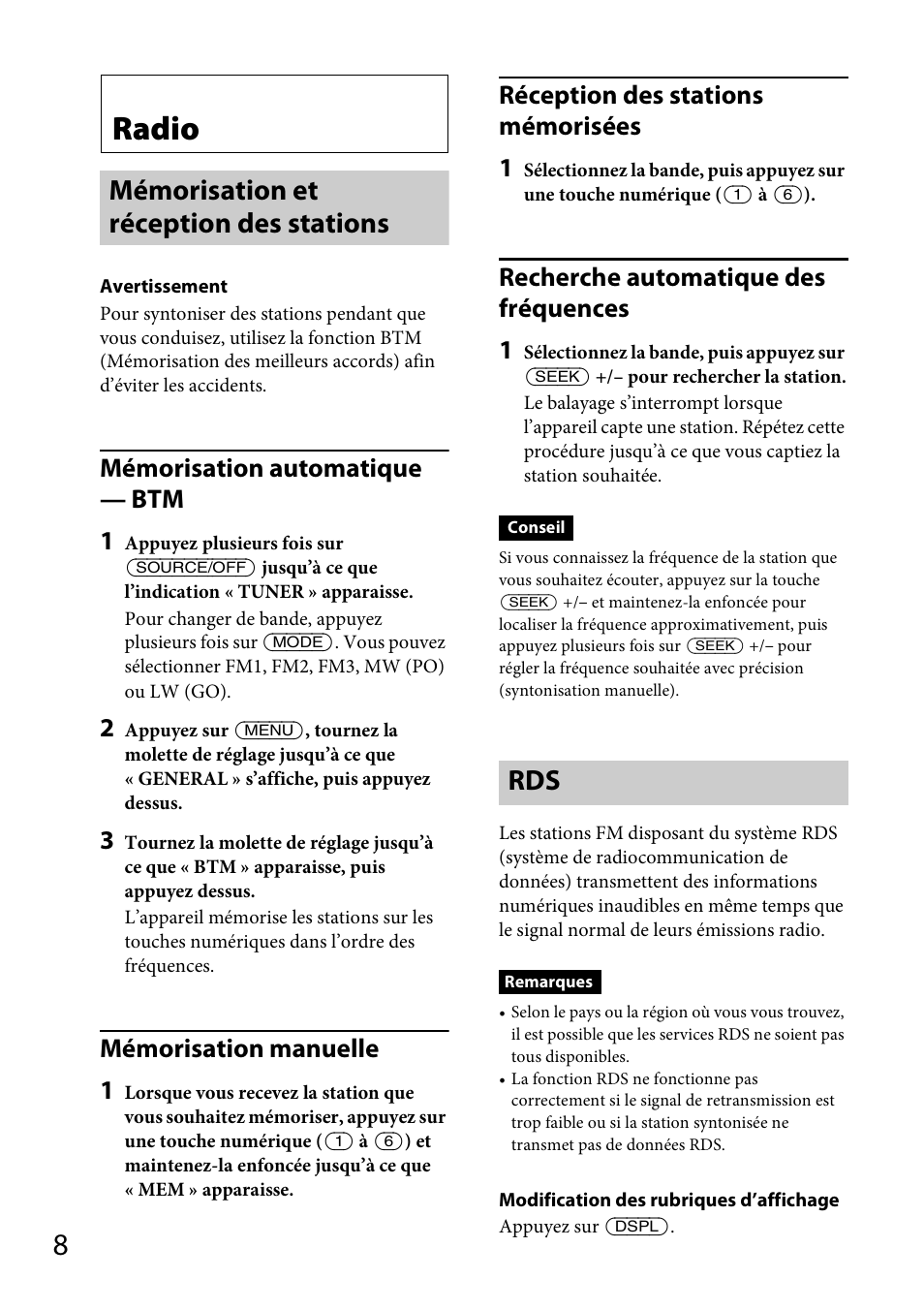 Radio, Mémorisation et réception des stations, Mémorisation et réception des stations rds | Mémorisation automatique — btm 1, Mémorisation manuelle 1, Réception des stations mémorisées 1, Recherche automatique des fréquences 1 | Sony CDX-GS500R User Manual | Page 70 / 160