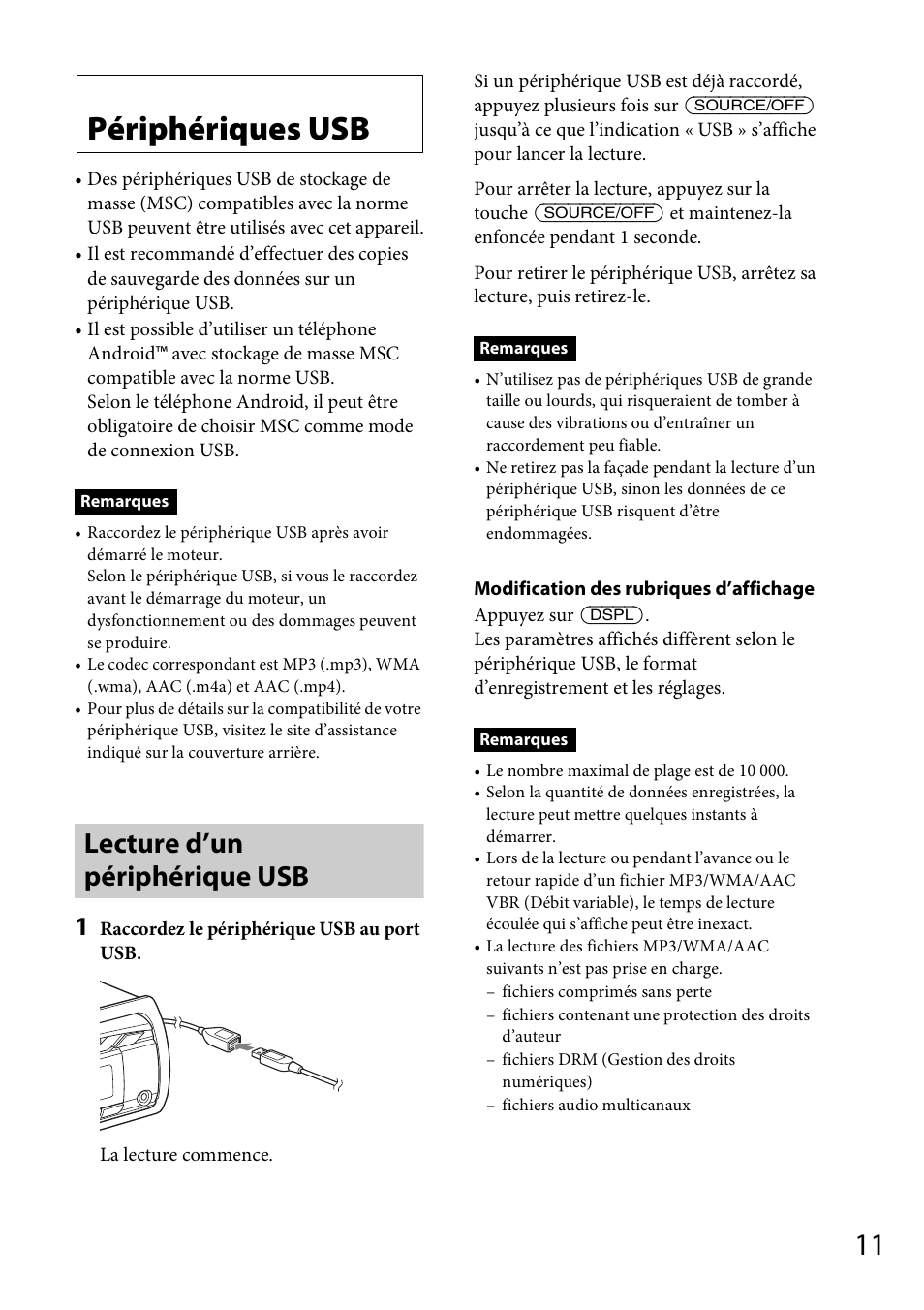 Périphériques usb, Lecture d’un périphérique usb | Sony CDX-GS500R User Manual | Page 73 / 160