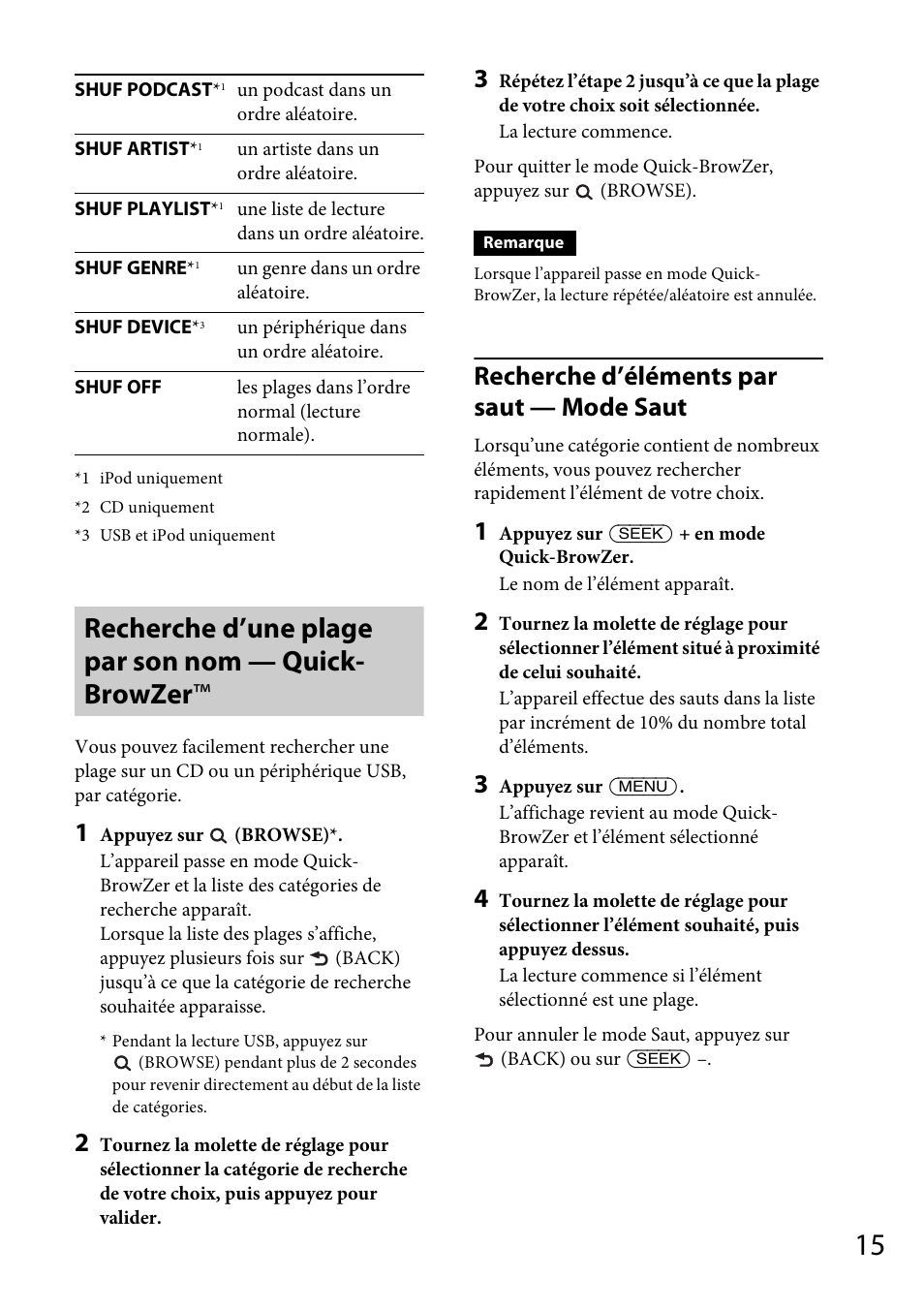 Recherche d’une plage par son nom — quick- browzer, Recherche d’une plage par son nom — quick-browzer, Recherche d’éléments par saut — mode saut | Sony CDX-GS500R User Manual | Page 77 / 160