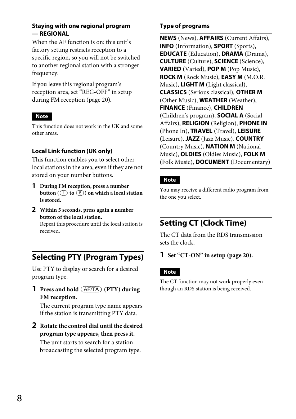 Selecting pty (program types), Setting ct (clock time) | Sony CDX-GS500R User Manual | Page 8 / 160