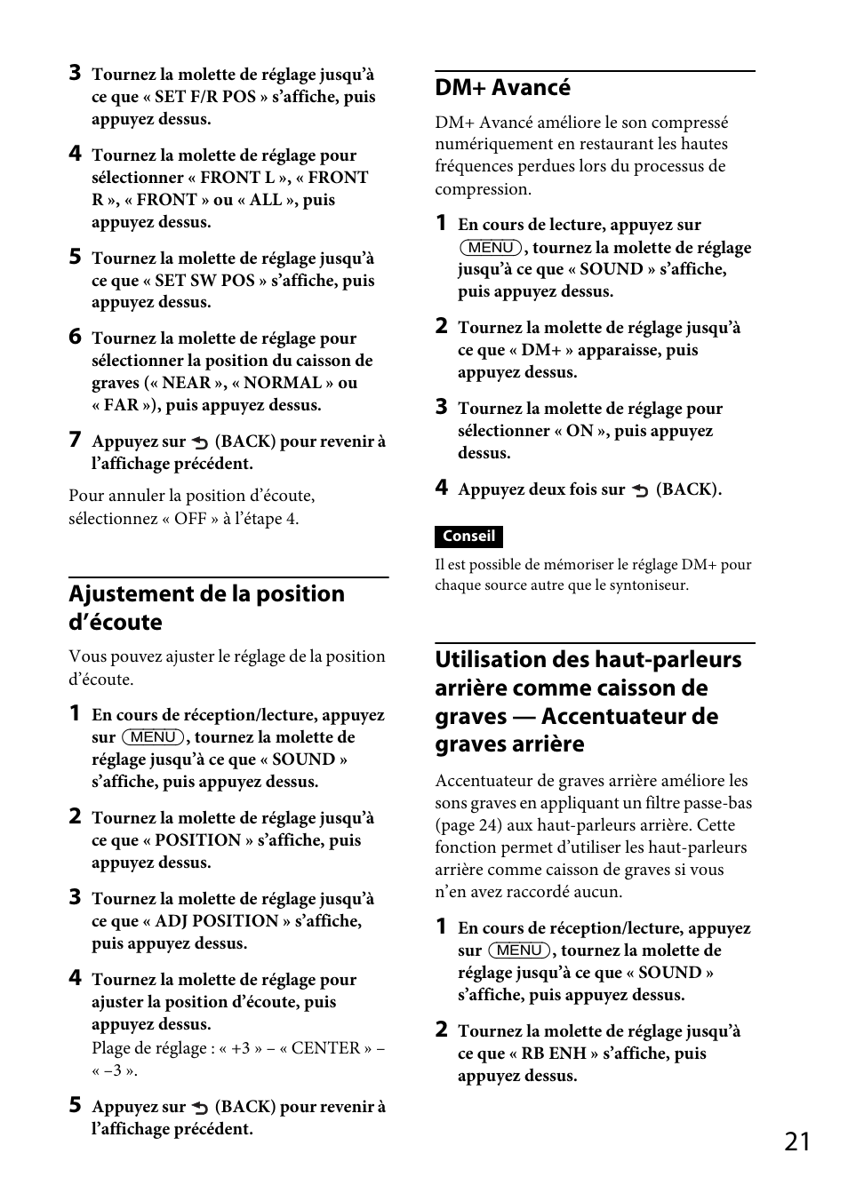 Ajustement de la position d’écoute, Dm+ avancé | Sony CDX-GS500R User Manual | Page 83 / 160