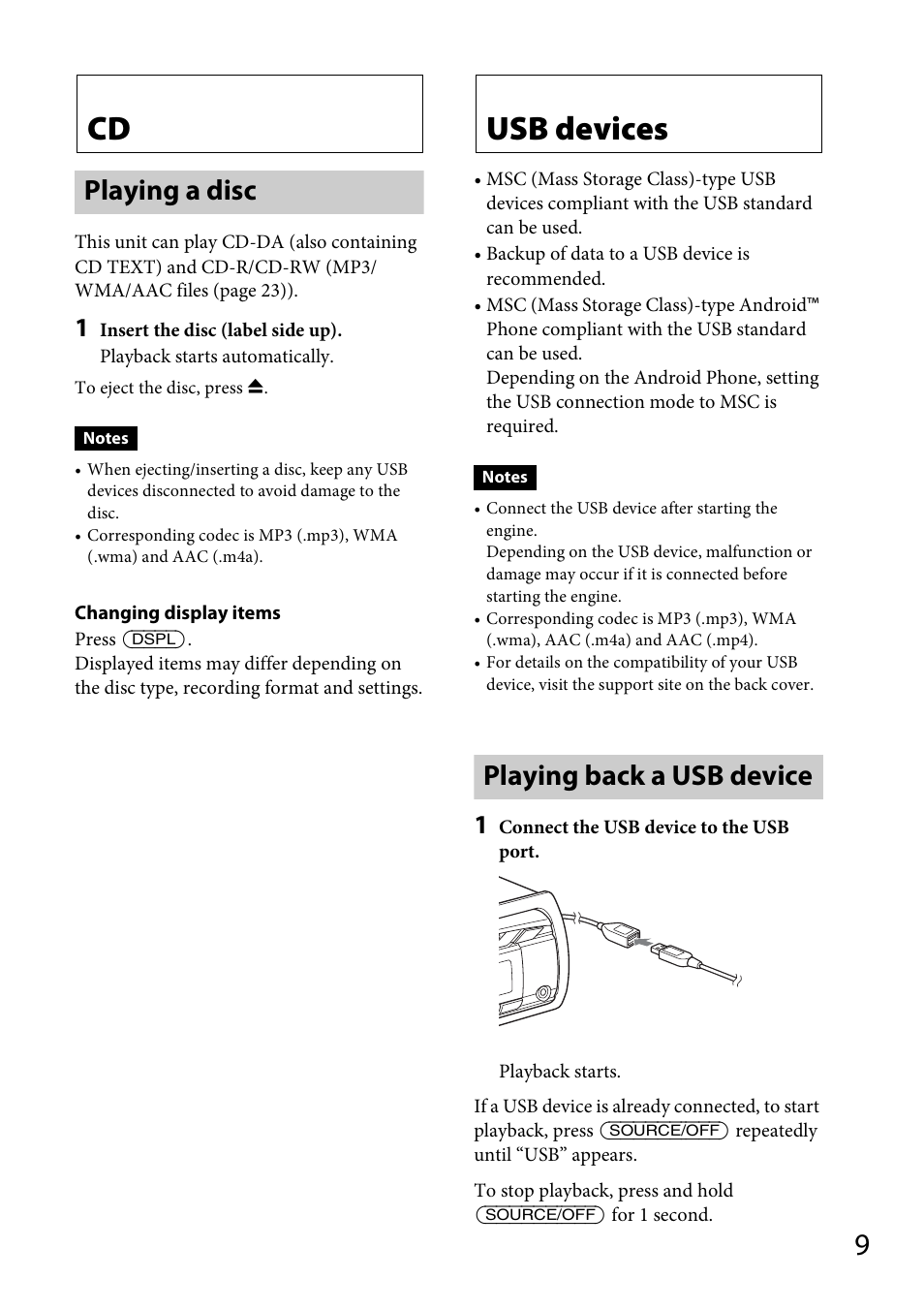 Playing a disc, Usb devices, Playing back a usb device | Sony CDX-GS500R User Manual | Page 9 / 160