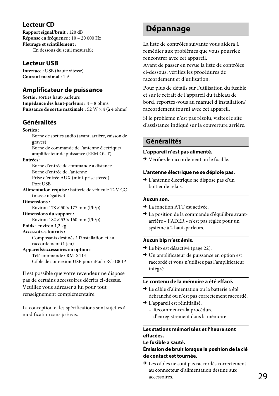 Dépannage, Lecteur cd, Lecteur usb | Amplificateur de puissance, Généralités | Sony CDX-GS500R User Manual | Page 91 / 160