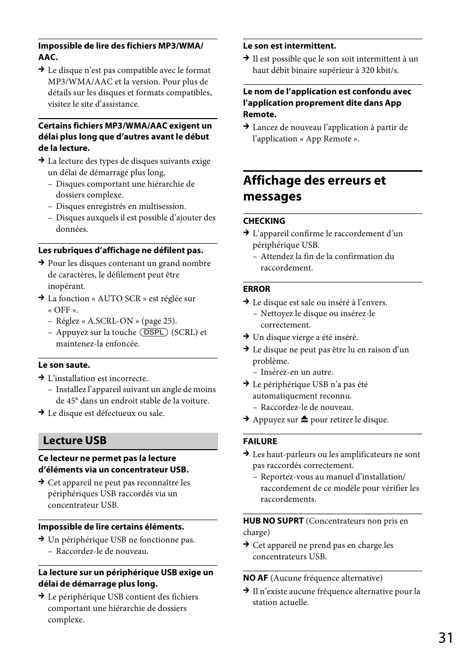 Affichage des erreurs et messages, Lecture usb | Sony CDX-GS500R User Manual | Page 93 / 160