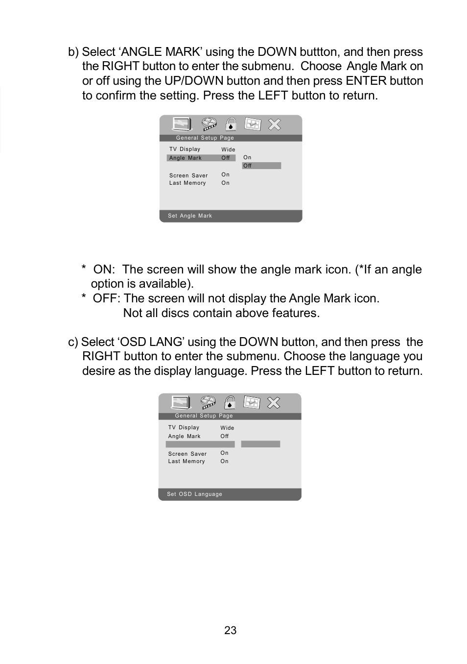 Osd language screen display | Audiovox D1929B User Manual | Page 23 / 68