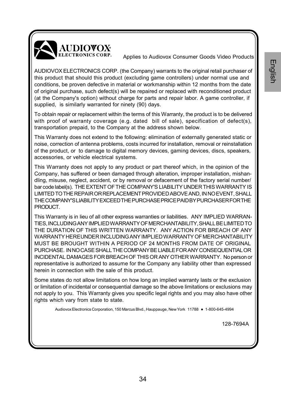 12 months limited warranty, En glis h | Audiovox D1929B User Manual | Page 34 / 68