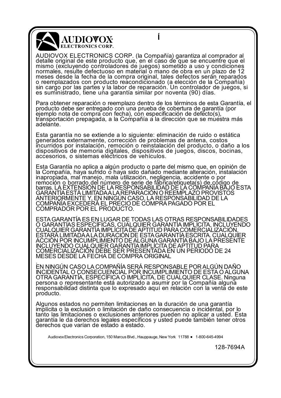 Garant ía limitada de 12 meses | Audiovox D1929B User Manual | Page 67 / 68
